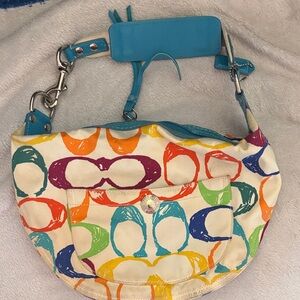 Coach Multicolor Circle Print Shoulder Bag with Blue Trim